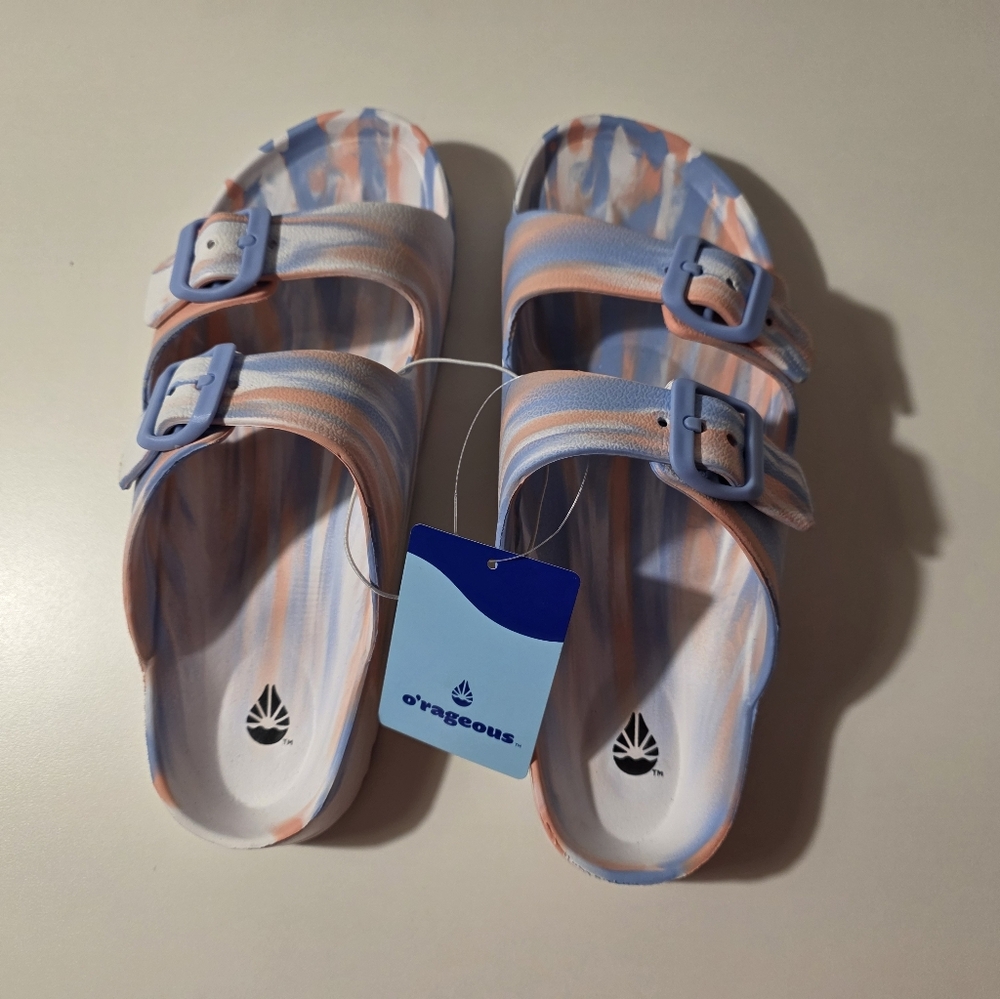 SEE DETAILS - NWT O'rageous Women's Size 8 2 Buckle Blue and Pink Swirl Sandals